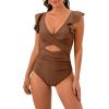 imageB2prity Womens One Piece Swimsuit Ruffle Cutout Bathing Suits Slimming Tummy Control V Neck Wrap SwimwearBrown