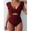 imageB2prity Womens One Piece Swimsuit Ruffle Cutout Bathing Suits Slimming Tummy Control V Neck Wrap SwimwearBurgundy Ribbed