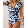 imageB2prity Womens One Piece Swimsuit Ruffle Cutout Bathing Suits Slimming Tummy Control V Neck Wrap SwimwearNavy Blue Leaf