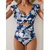 imageB2prity Womens One Piece Swimsuit Ruffle Cutout Bathing Suits Slimming Tummy Control V Neck Wrap SwimwearNavy Blue Leaf