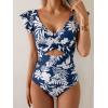 imageB2prity Womens One Piece Swimsuit Ruffle Cutout Bathing Suits Slimming Tummy Control V Neck Wrap SwimwearNavy Blue Leaf