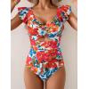 imageB2prity Womens One Piece Swimsuit Ruffle Cutout Bathing Suits Slimming Tummy Control V Neck Wrap SwimwearRed Floral