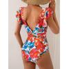 imageB2prity Womens One Piece Swimsuit Ruffle Cutout Bathing Suits Slimming Tummy Control V Neck Wrap SwimwearRed Floral