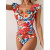 imageB2prity Womens One Piece Swimsuit Ruffle Cutout Bathing Suits Slimming Tummy Control V Neck Wrap SwimwearRed Floral