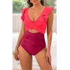 imageB2prity Womens One Piece Swimsuit Ruffle Cutout Bathing Suits Slimming Tummy Control V Neck Wrap SwimwearRose Red Color Block