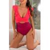 imageB2prity Womens One Piece Swimsuit Ruffle Cutout Bathing Suits Slimming Tummy Control V Neck Wrap SwimwearRose Red Color Block