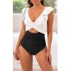 imageB2prity Womens One Piece Swimsuit Ruffle Cutout Bathing Suits Slimming Tummy Control V Neck Wrap SwimwearWhite black
