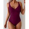 imageB2prity Womens Underwire One Piece Swimsuit Tummy Control Ruched Bathing Suit Criss Cross V Neck SwimwearWine Red