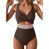 imageB2prity One Piece Swimsuit for Women Tummy Control V Neck Bathing Suit Color Block High Waisted Cutout SwimwearBrown