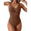 imageB2prity One Piece Swimsuit for Women Tummy Control V Neck Bathing Suit Slimming Ruched Swim Suit Cutout SwimwearBrown