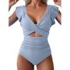 imageB2prity Womens One Piece Swimsuit Ruffle Cutout Bathing Suits Slimming Tummy Control V Neck Wrap SwimwearGray Blue Ribbed