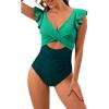 imageB2prity Womens One Piece Swimsuit Ruffle Cutout Bathing Suits Slimming Tummy Control V Neck Wrap SwimwearGreen Color Block 2