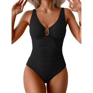 imageB2prity One Piece Swimsuit for Women Tummy Control Ruched Bathing Suit V Neck Push Up Swim SuitBlack