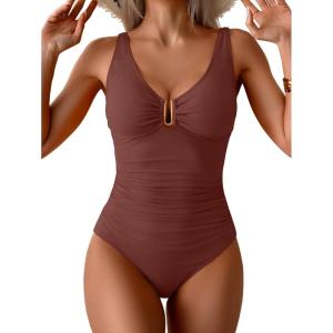 imageB2prity One Piece Swimsuit for Women Tummy Control Ruched Bathing Suit V Neck Push Up Swim SuitWine Red