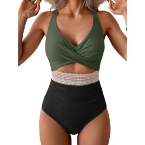 imageB2prity One Piece Swimsuit for Women Tummy Control V Neck Bathing Suit Color Block High Waisted Cutout SwimwearArmy Green and Black