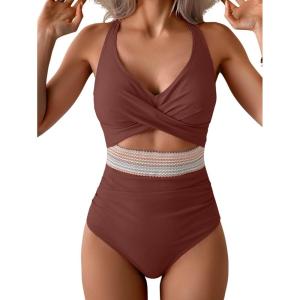 imageB2prity One Piece Swimsuit for Women Tummy Control V Neck Bathing Suit Color Block High Waisted Cutout SwimwearCaramel