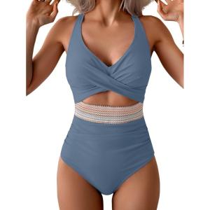 imageB2prity One Piece Swimsuit for Women Tummy Control V Neck Bathing Suit Color Block High Waisted Cutout SwimwearGray Blue