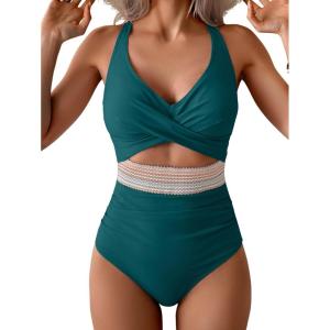 imageB2prity One Piece Swimsuit for Women Tummy Control V Neck Bathing Suit Color Block High Waisted Cutout SwimwearGreen