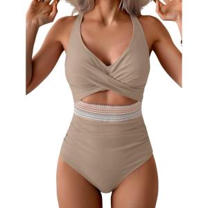 imageB2prity One Piece Swimsuit for Women Tummy Control V Neck Bathing Suit Color Block High Waisted Cutout SwimwearLight Brown