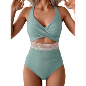 imageB2prity One Piece Swimsuit for Women Tummy Control V Neck Bathing Suit Color Block High Waisted Cutout SwimwearLight Green