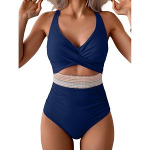 imageB2prity One Piece Swimsuit for Women Tummy Control V Neck Bathing Suit Color Block High Waisted Cutout SwimwearNavy Blue