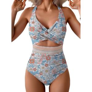imageB2prity One Piece Swimsuit for Women Tummy Control V Neck Bathing Suit Color Block High Waisted Cutout SwimwearOrange Floral