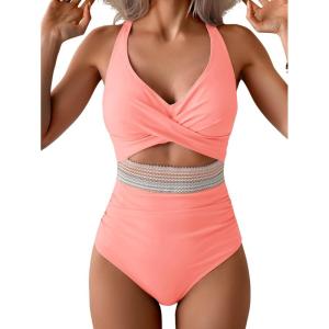 imageB2prity One Piece Swimsuit for Women Tummy Control V Neck Bathing Suit Color Block High Waisted Cutout SwimwearPink