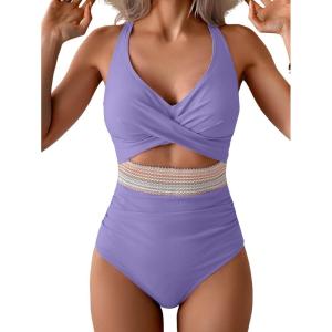 imageB2prity One Piece Swimsuit for Women Tummy Control V Neck Bathing Suit Color Block High Waisted Cutout SwimwearPurple