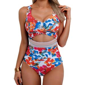 imageB2prity One Piece Swimsuit for Women Tummy Control V Neck Bathing Suit Color Block High Waisted Cutout SwimwearRed Floral