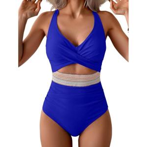 imageB2prity One Piece Swimsuit for Women Tummy Control V Neck Bathing Suit Color Block High Waisted Cutout SwimwearRoyal Blue