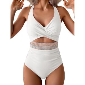 imageB2prity One Piece Swimsuit for Women Tummy Control V Neck Bathing Suit Color Block High Waisted Cutout SwimwearWhite