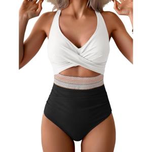 imageB2prity One Piece Swimsuit for Women Tummy Control V Neck Bathing Suit Color Block High Waisted Cutout SwimwearWhite and Black