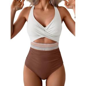 imageB2prity One Piece Swimsuit for Women Tummy Control V Neck Bathing Suit Color Block High Waisted Cutout SwimwearWhite and Brown