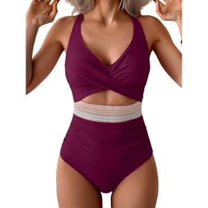 imageB2prity One Piece Swimsuit for Women Tummy Control V Neck Bathing Suit Color Block High Waisted Cutout SwimwearWine Red