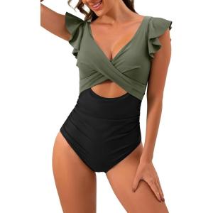 imageB2prity Womens One Piece Swimsuit Ruffle Cutout Bathing Suits Slimming Tummy Control V Neck Wrap SwimwearArmy Green Black