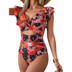imageB2prity Womens One Piece Swimsuit Ruffle Cutout Bathing Suits Slimming Tummy Control V Neck Wrap SwimwearBlack Red Floral