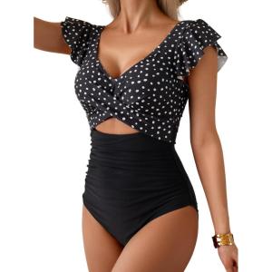 imageB2prity Womens One Piece Swimsuit Ruffle Cutout Bathing Suits Slimming Tummy Control V Neck Wrap SwimwearBlack and White Spots