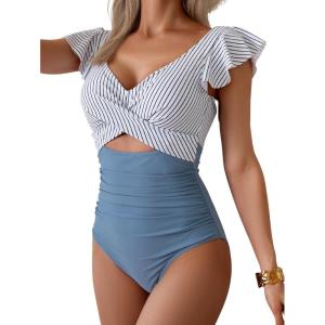 imageB2prity Womens One Piece Swimsuit Ruffle Cutout Bathing Suits Slimming Tummy Control V Neck Wrap SwimwearBlue Stripes
