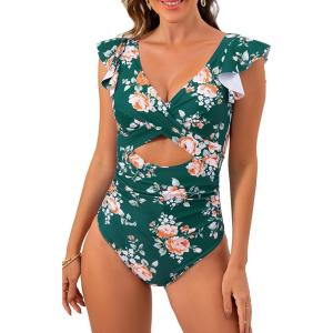 imageB2prity Womens One Piece Swimsuit Ruffle Cutout Bathing Suits Slimming Tummy Control V Neck Wrap SwimwearGreen Print