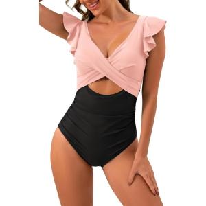 imageB2prity Womens One Piece Swimsuit Ruffle Cutout Bathing Suits Slimming Tummy Control V Neck Wrap SwimwearLight Pink Black