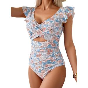 imageB2prity Womens One Piece Swimsuit Ruffle Cutout Bathing Suits Slimming Tummy Control V Neck Wrap SwimwearOrange Floral