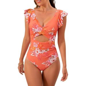 imageB2prity Womens One Piece Swimsuit Ruffle Cutout Bathing Suits Slimming Tummy Control V Neck Wrap SwimwearOrange Print