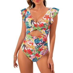 imageB2prity Womens One Piece Swimsuit Ruffle Cutout Bathing Suits Slimming Tummy Control V Neck Wrap SwimwearWhite Print