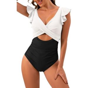 imageB2prity Womens One Piece Swimsuit Ruffle Cutout Bathing Suits Slimming Tummy Control V Neck Wrap SwimwearWhite black