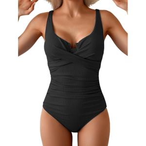 imageB2prity Womens Underwire One Piece Swimsuit Tummy Control Ruched Bathing Suit Criss Cross V Neck SwimwearRibbed Black