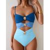 imageB2prity One Piece Swimsuit for Women Cutout Monokini Color Block Bathing Suit Ruched Sexy SwimwearBlue Color Block