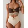 imageB2prity One Piece Swimsuit for Women Cutout Monokini Color Block Bathing Suit Ruched Sexy SwimwearBrown Beige