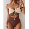 imageB2prity One Piece Swimsuit for Women Cutout Monokini Color Block Bathing Suit Ruched Sexy SwimwearBrown Color Block