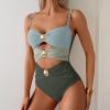 imageB2prity One Piece Swimsuit for Women Cutout Monokini Color Block Bathing Suit Ruched Sexy SwimwearGreen Color Block
