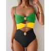 imageB2prity One Piece Swimsuit for Women Cutout Monokini Color Block Bathing Suit Ruched Sexy SwimwearGreen Yellow Black